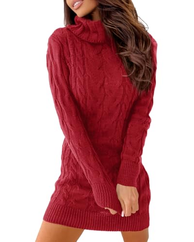 Image of Langwyqu Womens Cable Knit Long Sleeve Turtleneck Bodycon Sweater Dress