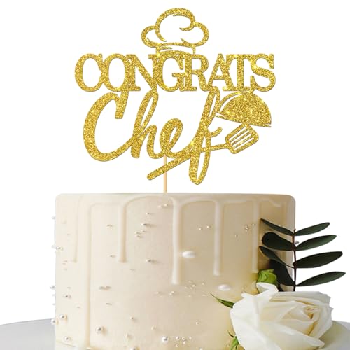 Congrats Chef Cake Topper - Congrats Grad - Class of 2026 - Culinary School Grad - Cooking School Graduation Party Cake Decorations Gold Glitter