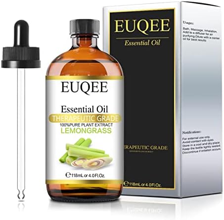 EUQEE Lemongrass Essential Oil 118ml Pure & Natural Lemongrass Oil Premium Essential Oil - with Glass Dropper Perfect for Cleaning, Diffuser, Candle Making - 4Fl. Oz