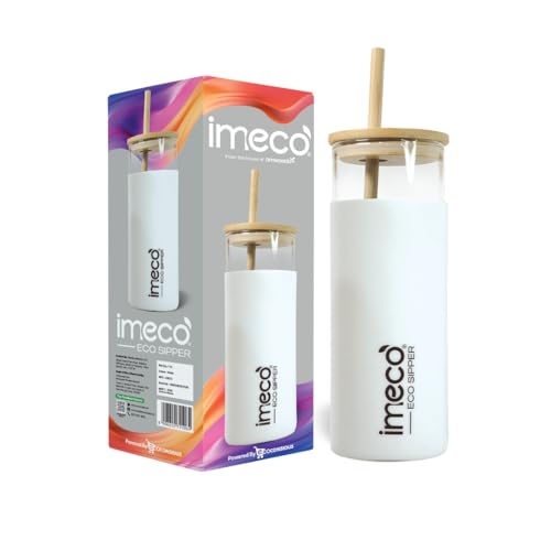 Image of IMECO ECO Sipper Glass Bottle with Bamboo Lid & Straw 450ml | Borosilicate Glass Tumbler | Leakproof & BPA-Free | Reusable, Non-Toxic & Lightweight | Ideal for Milk, Coffee & Tea - White