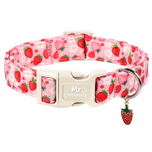 ·MR.CHUBBYFACE· Spring Strawberry Dog Collar, Pink Strawberry Pattern Puppy Collar, Adjustable Soft Girl Female Pet Collar for Small Medium Large Dogs