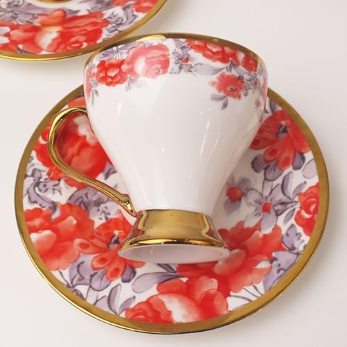 Deconox 6 Kişilik Ayaklı Porselen Türk Kahvesi Fincan Takımı - Sarı ve Kırmızı Gül Desenli, Gold Detaylı 12 Parça Vintage Sunum Seti - Görsel 5