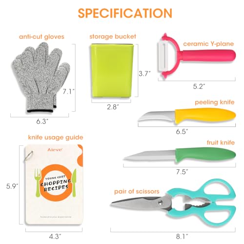 AIEVE Kids Knife Set for Real Cooking, 7 Pcs Kids Cooking Set with Recipe Guide and Holder