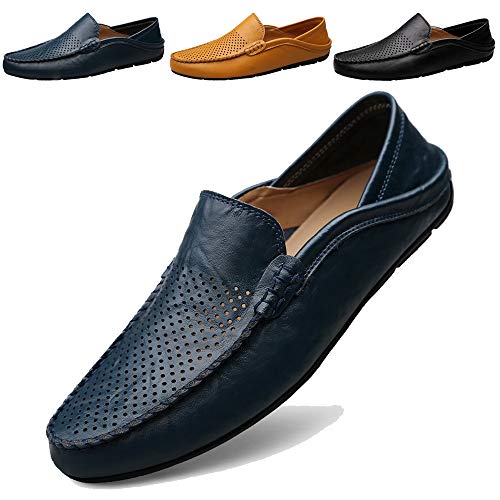 MCICI Mens Loafers Moccasin Driving Shoes Premium Genuine Leather Casual Slip On Flats Fashion Slipper Breathable Big Size,Blue,US7
