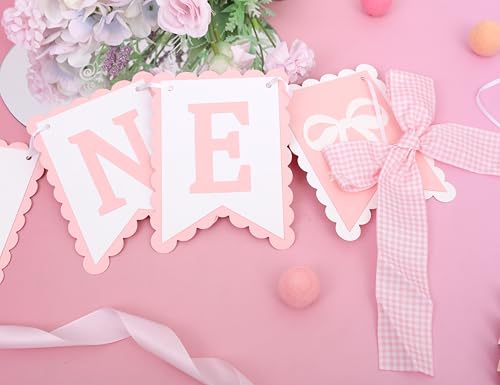 Image of Bow First Birthday High Chair Banner - Pink Bow 1st Party Decoration,Coquette First High Chair Banner,Coquette One Birthday Photo Prop(bow first)