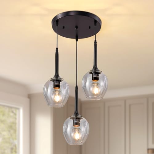 Warmiehomy Glass Pendant Lights 3 Lights, Kitchen Island Lights Clear Glass Shade, Light Pendant Fitting for Loft Bar Dinning Room Living Room,D30*H120cm(Black)