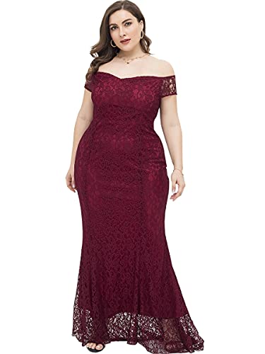 DolphinBanana Women Plus Size Floral Lace Off-The-Shoulder Mermaid Maxi Prom Dress