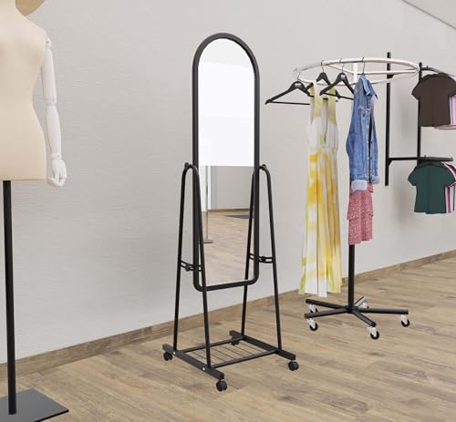 Aigentlich Rollspiegel schwenkbar, Konfektionsspiegel schwarz 158x45x52cm, Eleganter Ankleidespiegel mit Gitter-Ablageboden, bogenförmiger Schwenkspiegel