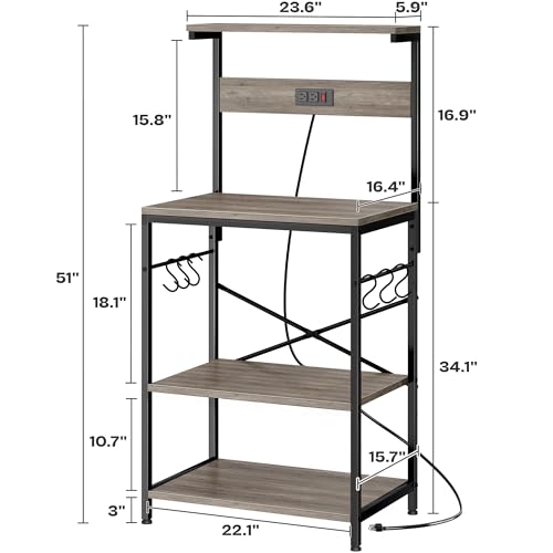 SUPERJARE Kitchen Bakers Rack with Power Outlet, Coffee Bar Table 4 Tiers, Kitchen Microwave Stand with 6 S-shaped Hooks, Kitchen Storage Shelf Rack for Spices, Pots and Pans - Greige by SUPERJARE - Image 7