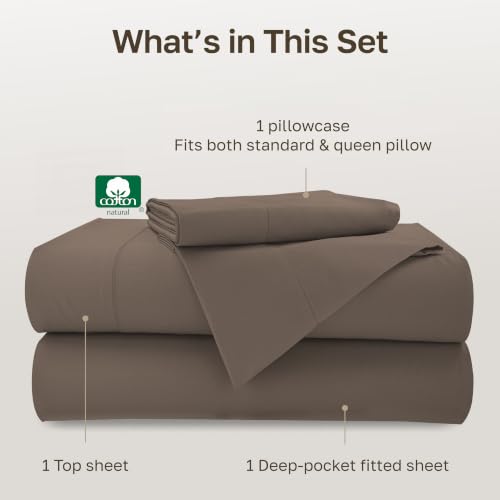 Image of California Design Den Twin Bed Sheets Set - 500 Thread Count Sateen, 100% Cotton, Warm Taupe Twin Sheet Set, Deep Pocket Bedding with All Around Elastic for a Snug Fit - Mushroom Brown