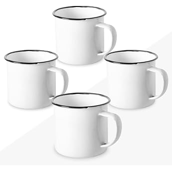 Set of 4 Retro Enamel Metal Mugs White High Vintage Breakfast Cups with 380 ml Volume Original Mug for Coffee Tea The Perfect Mug Set as a Gift Idea