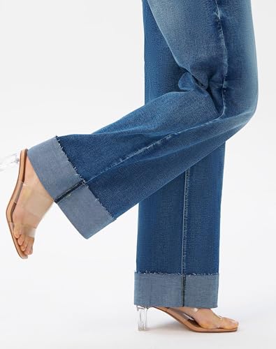 roswear Women\'s High Waisted Stretchy Wide Leg Jeans Cuffed Baggy Jeans Loose Denim Pants Light Blue Large - Thumbnail 4