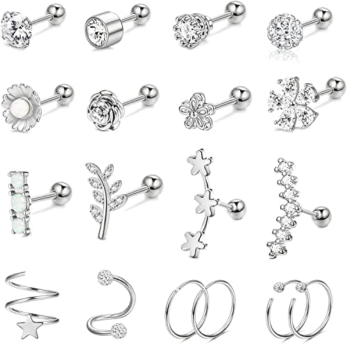 Morfetto 18 Pcs 16G Cartilage Earrings Studs for Women Men Surgical Steel Helix Tragus Couch Piercing Jewelry Opal Flower Leaf CZ Cartilage Earrings