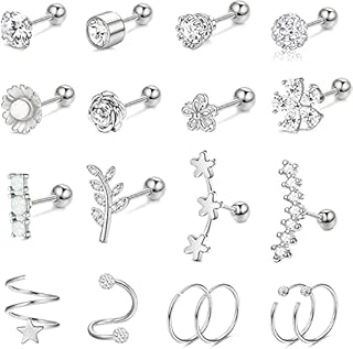 Morfetto 18 Pcs 16G Cartilage Earrings Studs for Women Men Surgical Steel Helix Tragus Couch Piercing Jewelry Opal Flower Leaf CZ Cartilage Earrings