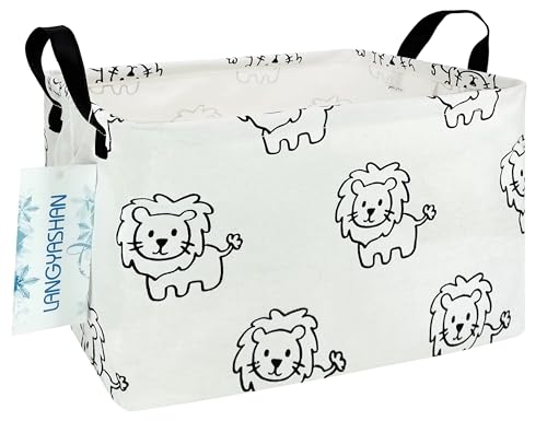 LANGYASHAN Rectangular Storage Bin Collapse Canvas Fabric Cartoon Storage Basket with Handles for Organizing Home Kitchen Boys and Girls Toys Office Closet Shelf Baskets (Rec lion)