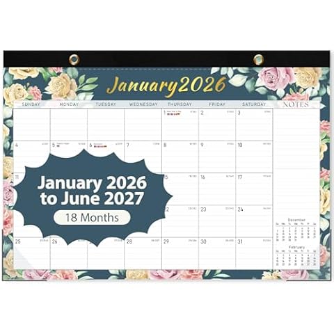 Desk Calendar 2026, Monthly Desktop Large Calendar (Jan 2026 - Jun 2027) 17" x 12" Desk Wall Planner for Family Teacher School Office Supplies, Vintage Floral Cover