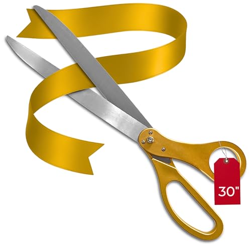 Extra Large Grand Opening Ceremony Kit – 30 Inch Gold Ceremonial Scissors for Ribbon Cutting and Golden Satin Ribbon 7.65 YD for Special Event Giant Scissors Gold for Inauguration and Ceremony