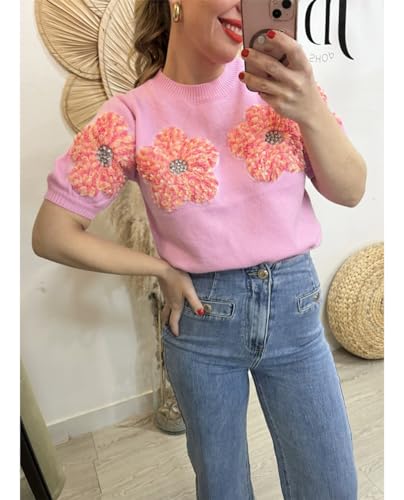 Image of Women Flower Knitted Sweater Elegant Crew Neck Summer Puff Short Sleeved Sweater Pullover Tops Pink, Small