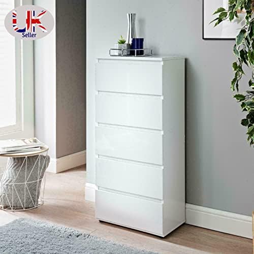 spot on dealz® White Chest of Drawers Bedroom 5 Drawer Modern Slim Side Storage Display Cabinets Bedside table Nightstand large Cabinet furniture