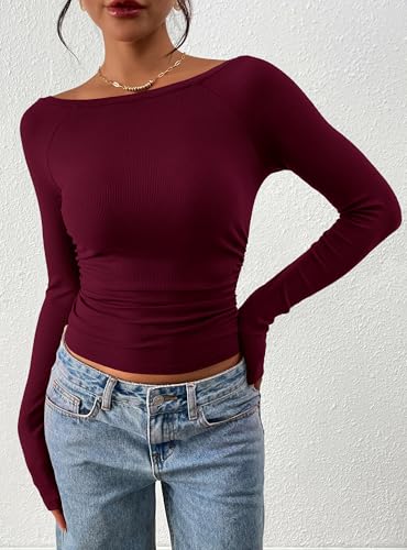 PRETTYGARDEN Long Sleeve Shirts for Women 2025 Fall Ruched Sides Boat Neck Basic Tee Casual Fitted Ribbed Knit Crop Tops
