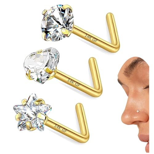 3 Pcs 14K Gold Filled Nose Studs 20G Stainless Steel Stud Nose Ring 2mm/2.5mm/3mm Round CZ L Bend Nose Stud Hypoallergenic Nose Piercing