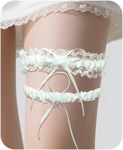 2 Pieces Wedding Garters for Bride White Lace Bowknot Leg Garters Floral Thigh Bride Garter Set Stretchy Bowknot Bridal Accessories for Engagement Date Anniversary Party
