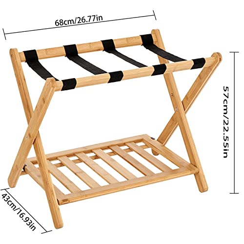 Folding Luggage Rack For Guest Room Pack Of 2 Foldable Luggage Racks For Suitcase Stand With Nylon Straps,Luggage Stand Double Tiers Bamboo Luggage Holder With Shelf For Bedroom,Hotel,No Assembly Required #TOP1