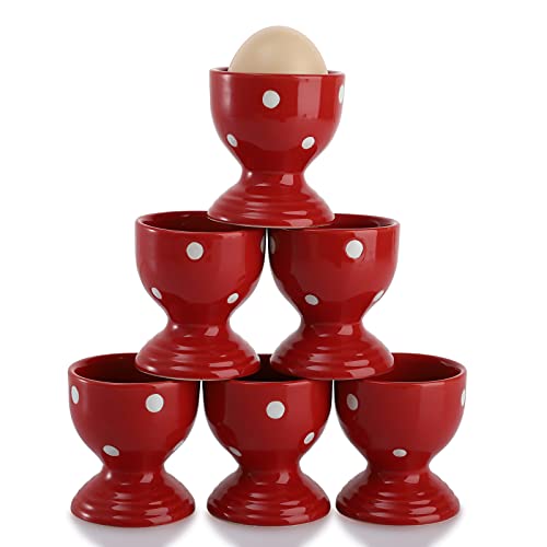AVLA 6 Pack Ceramic Egg Cups, Porcelain Egg Stand Holders for Soft Hard Boiled Eggs, Hard Boiled Eggs Cups for Breakfast Party Dinning Time, Polka Dot, Red (2 x 2.5 Inches)