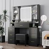 BORNOON Makeup Vanity with LED Light Strip Mirror and Chair, 7 Drawers & 2 RGB Cabinets Black Vanity Makeup Desk with Power Strip, Adjustable LED Lighting, and Cushioned Stool for Women, Girls, Teens