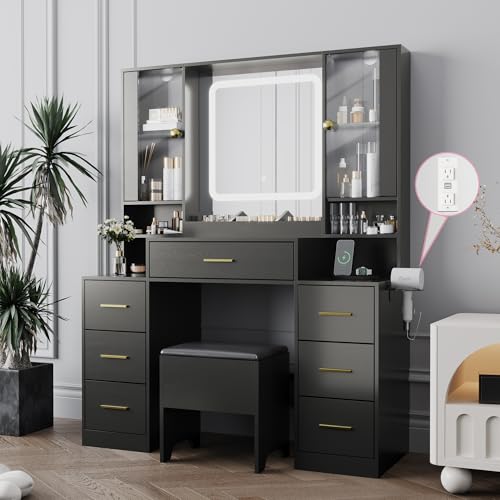 BORNOON Makeup Vanity with LED Light Strip Mirror and Chair, 7 Drawers & 2 RGB Cabinets Black Vanity Makeup Desk with Power Strip, Adjustable LED Lighting, and Cushioned Stool for Women, Girls, Teens