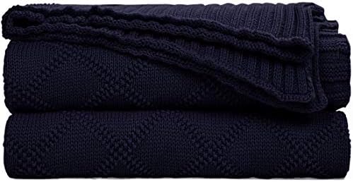 PiccoCasa 100% Cotton Knit Throw Blanket, 50x60 Inch - Soft Lightweight Decorative Knitted Blankets for Couch, Bed, Sofa, Travel - Diamond Pattern, Navy Blue
