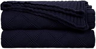 PiccoCasa 100% Cotton Knit Throw Blanket, 50x60 Inch - Soft Lightweight Decorative Knitted Blankets for Couch, Bed, Sofa, Travel - Diamond Pattern, Navy Blue