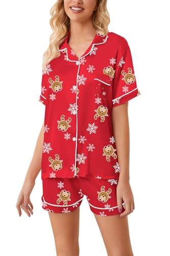 Image of Schbbbta Girls Womens Pajamas, Satin Silky Pjs Set Kids 2Pcs Button-Down Nightwear Sleepwear Gift for Mommy and me