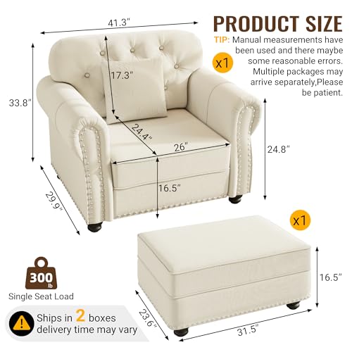 Image of KEIKI 41 inch Velvet Chesterfield Sofa with Rolled Arms & Nailhead Trim & 1 Ottoman, Modern 1-Seater Button Tufted Couch with High Resilience Cushion & 1 Pillow, Easy Assembly, for Living Room, White