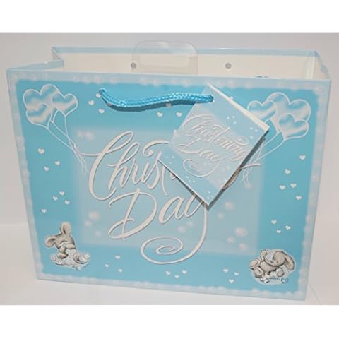 Medium Blue Christening Day Gift Bag with Cute Bunnies and Matching Gift Tag Cover