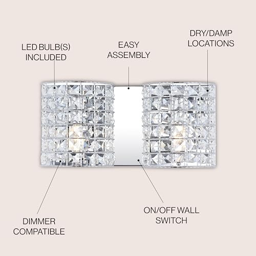 Image of JONATHAN Y 15 inch Chrome Modern LED Vanity Light Sconce for Bathroom Decor, 2-Light, Clear Crystal Shade, Glam Wall Lighting for Hallway Entryway, LED Bulb Included (JYL7543A)