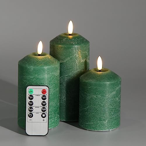 Girimax Emerald Green Flameless LED Pillar Candles with Remote, Flickering Real Wax Battery Candles Set Φ 3" H 4" 5" 6"