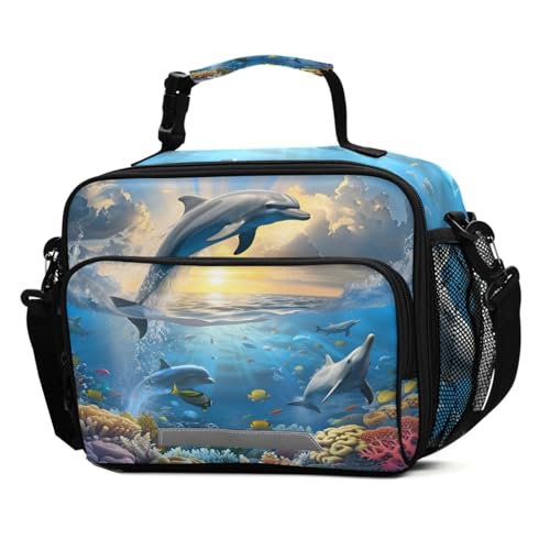 ALAZA Funny Leaping Dolphins Nautical Ocean Coastal Lunch Box for Girls Kids Insulated Lunch Bag Boys Lunchbox Reusable Cooler Tote Freezable Shoulder Strap for School Picnic