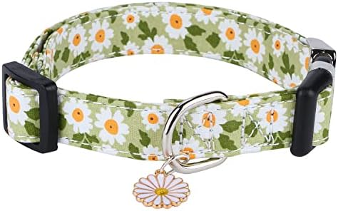 Cotton Dog Collar for Small Medium Large Dogs,Girl Dog Collar with Quick-Release Buckle,Flowers Soft Adjustable Pet Collar (Large, Green Daisy)