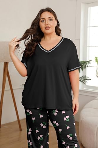 Image of Vozanet Women's Plus Size Pajama Sets Short Sleeve Long Pants Solid Color with Piping Trim Elegant Loungewear Cozy Sleepwear