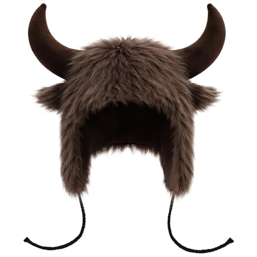 PARTY TELLER Brown Viking Horned Buffalo Hat, Halloween Costume Trooper Cap
