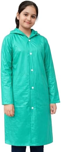 Nephar Kids Boys &amp; Girls Waterproof Hooded Raincoat | Long Length PVC Rain Wear Jacket | Lightweight Full Sleeve Button Cl...