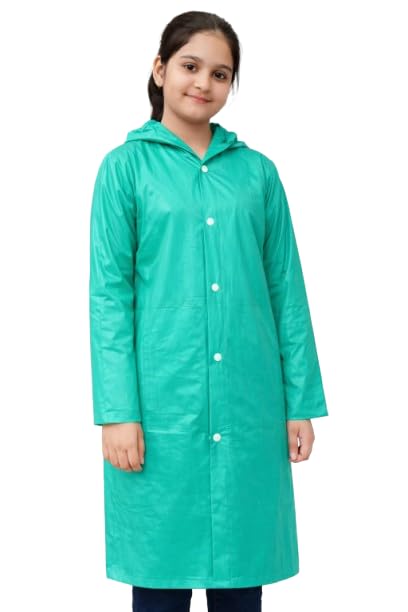 Image of Nephar Kids Boys & Girls Waterproof Hooded Raincoat | Long Length PVC Rain Wear Jacket | Lightweight Full Sleeve Button Closure Monsoon Coat