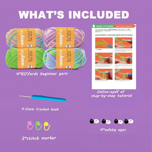 Image of 4x50g Beginner Easy Yarn Kit for Crocheting and Knitting; Worsted-Weight Medium #4;Crocheting and Knitting kit with Tool Set (Coral+Ocean+Periwinkle+Green, 4 Skein)