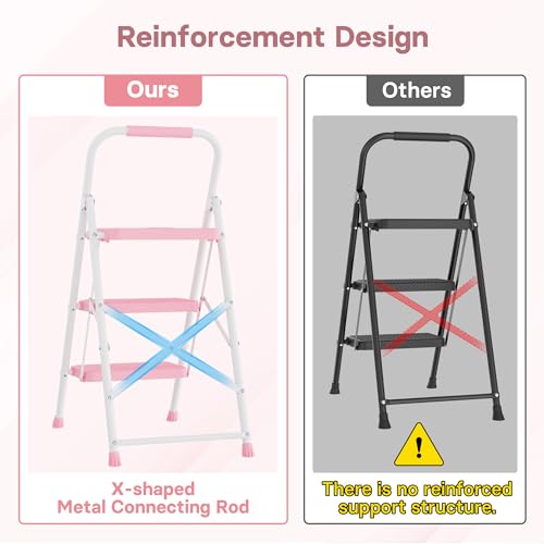 Image of BONTEC 3-Step Ladder, Folding Step Stool, 600lbs Max Load Capacity, Pink