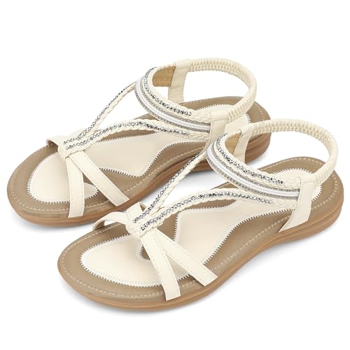 Image of UBFEN Womens Bohemian Flat Sandals With Back Strap Summer Beach Comfortable Bling