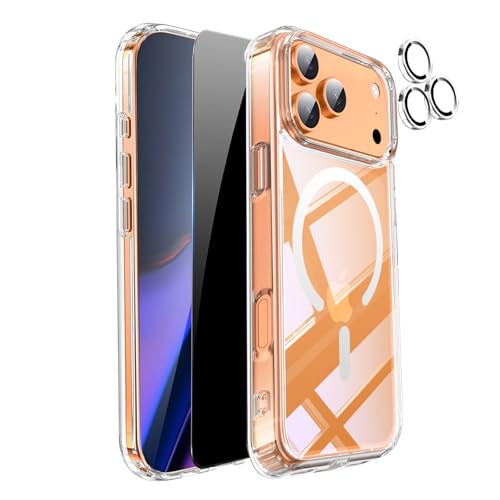 vphioxlr for iPhone 17 Pro Max Case Clear,with Privacy Screen Protector & Camera Lens Cover, Compatible with Magsafe[Anti-Yellowing] Rugged Shockproof Protective Bumper 17 ProMax Case 6.9" 2025,Clear