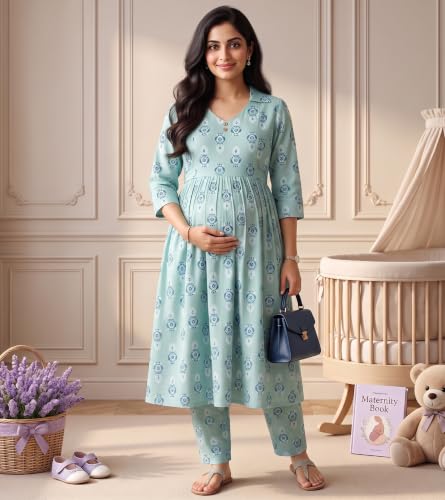 Image of DUMMY SHAPE Maternity Dresses for Women Cotton | Floral Kurta Pant Dupatta Set with Nursing Zippers, Side Pocket | Pre & Post Pregnancy | Feeding Kurti Suit | Baby Shower | Gifts for Pregnant Woman