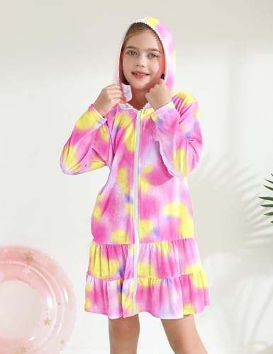 Image of Girls Swim Cover Up Kids Long Sleeve Swimsuit Coverup Terry Beach Pool Clothes with Sunglasses