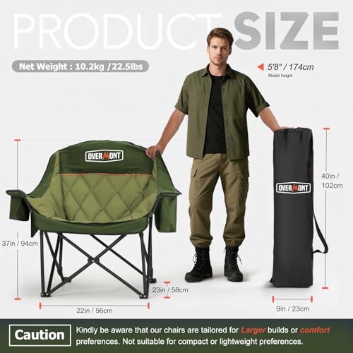 Overmont Oversized Camping Chair for Adults - 400lbs Support Heavy Duty Padded Folding Chair with Holder Side Pocket Carry Bag Cooling Bag Cup - Comfortable Portable for Outdoor Garden Beach Sports by OVERMONT - Image 2